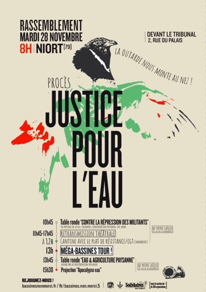 affiche du rassemblement pour le procès Justice pour l'eau le mardi 28 novembre à partir de 8h à Niort.